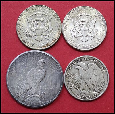 Lot of 4 United States silver coins, as photographed: a Peace Dollar (One Dollar) dated 1926, a 