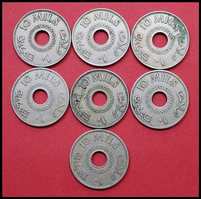 Lot of 7 Palestine (E.I.) coins from the British Mandate period, all with a denomination of 10 