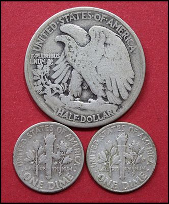 Lot of 3 American silver coins (USA): a Walking Liberty Half Dollar dated 1937, and two 