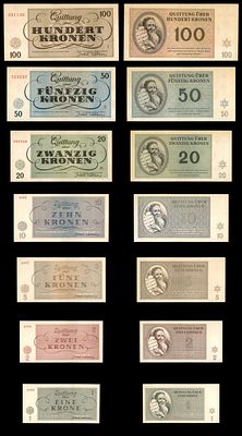 Complete set of 7 Theresienstadt ghetto notes, Quittung uber Kronen, inscribed THERESIENSTADT 