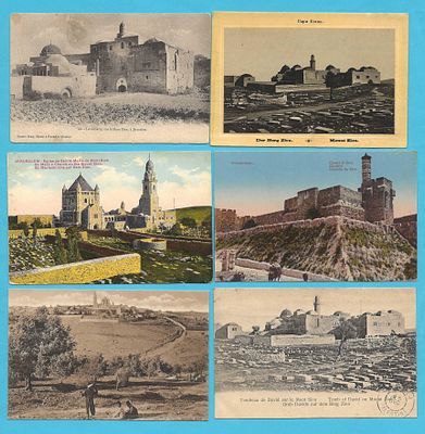 Lot of 6 postcards of Mount Zion in Jerusalem. Comprising a view of the Cenacle and the Tomb of 
