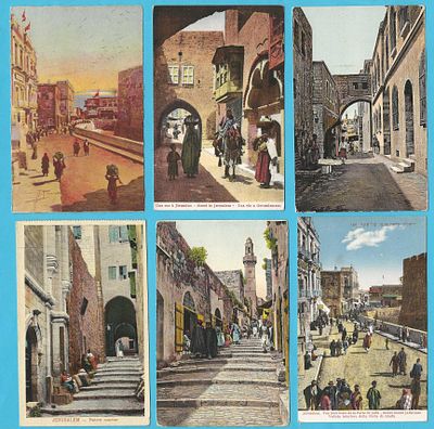 Lot of 6 colour postcards of streets in the Old City of Jerusalem, drawn and hand coloured, one 