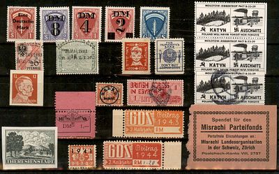 Lot of about 25 stamps and labels from Germany, Eretz Israel and the United States. Among the 