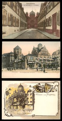 Lot of 3 postcards of synagogues in Germany: (1) Kaiserslautern, Am Stadtweiher m. d. Synagoge 