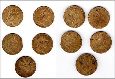 Lot of 5 brass tokens imitating the George III Spade Guinea of 1791, weight of each token 