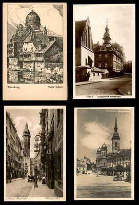 Lot of 4 Judaica postcards showing synagogues in Europe. 1. Nuremberg, Nurnberg, Insel Schutt 