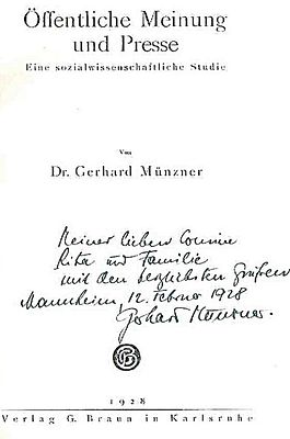 גרהרד מינצנר (Gerhard Muenzner), הקדשה בכתב יד של המחבר בדף השער של ספרו "Oeffentliche Meinung 
