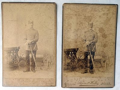 Imperial Germany, 2 antique cabinet photographs of a soldier, Berlin, photo studio Stroem & 