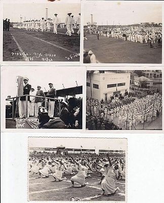 המכביה השנייה, תל אביב 1935: לוט 5 תצלומים קבוצתיים מקוריים, חתומים בעברית בידי "פוטו לב" 