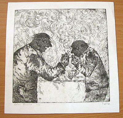 תחריט ישן "Smoking men" (גברים מעשנים), חתום וממוספר בעיפרון, עותק 1 מתוך 5.
מידות: 32.5x32.5 