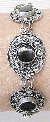 Bezalel Style Yemenite filigree silver sterling 935 panel bracelet set with agate, Israel 