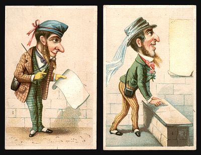 Lot of 2 chromolithographic trade cards with caricatures of Jewish merchants: one in a blue cap 