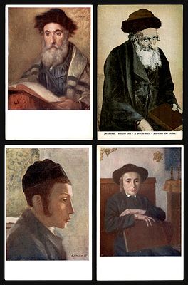 Lot of 4 Judaica portrait postcards: a rabbi from Jerusalem, a Jewish boy with a book, a young 