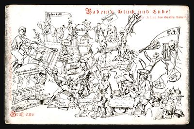 Austrian political caricature postcard "Badeni's Gl&uuml;ck und Ende!" (Badeni's fortune and end): 