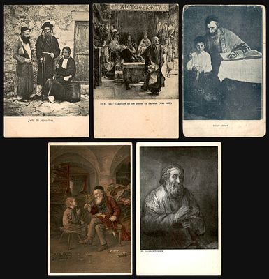 Lot of 5 Judaica and art postcards: "Juifs de J&eacute;rusalem" (Turkey, Ottoman period), "Expulsi&oacute;n 