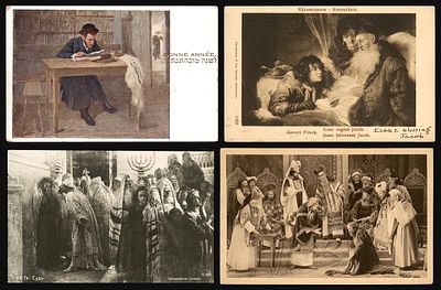 Lot of 4 Judaica and art postcards: "לשנה טובה תכתבו / Bonne Ann&eacute;e" (B.K.W.I.), "Isaac blessing 