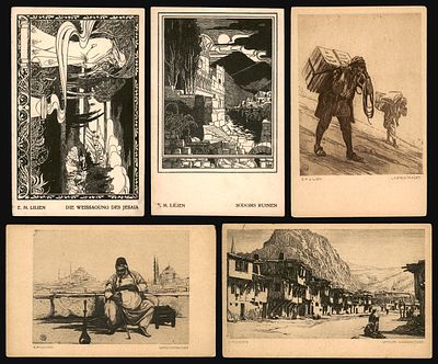Lot of 5 E. M. Lilien postcards: "Die Weissagung des Jesaia" (The Prophecy of Isaiah) and 