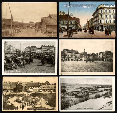 Lot of 6 postcards of Eastern European towns and villages: a village near Lida, Ł&oacute;dź, Dvinsk 