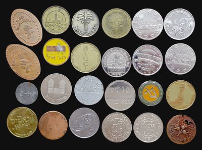 Lot of 24 assorted tokens and jetons, mostly Israeli: Shefayim water park, Kings City Eilat 