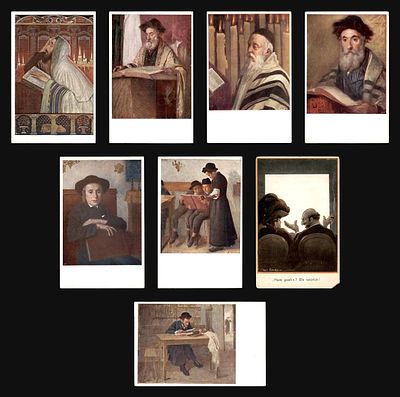 Lot of 8 art postcards of Jewish genre paintings: study, prayer and portraits, B.K.W.I. Vienna 