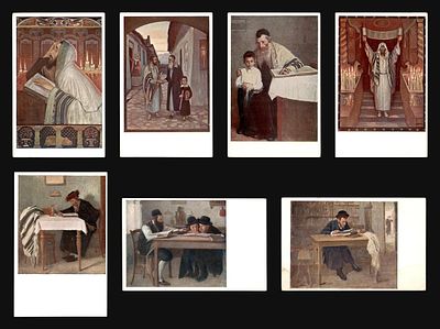 Lot of 7 art postcards of Jewish genre paintings: raising the Torah scroll, a teacher and 