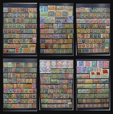 Lot of about 390 stamps of China on 6 stock pages: Chinese Imperial Post dragons, Japanese 