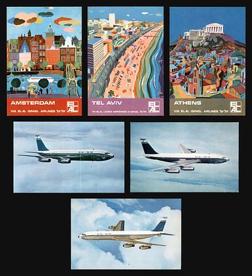 Lot of 6 postcards of El Al, Israel's airline: three illustrated poster cards of El Al routes 
