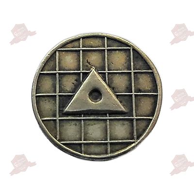 A round badge pin: a triangle with a dot in its centre, the usual map symbol for a 