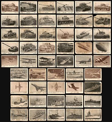 Lot of 50 collector picture cards of military vehicles, aircraft and ships, with Hebrew 