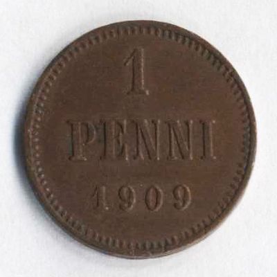 1 пенни (penni) 1909 года. Финляндия в составе Российской Империи. Состояние на фотографиях. 
