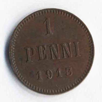 1 пенни (penni) 1913 года. Финляндия в составе Российской Империи. Состояние на фотографиях. 