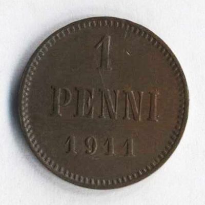 1 пенни (penni) 1911 года. Финляндия в составе Российской Империи. Состояние на фотографиях. 