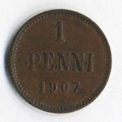 1 пенни (penni) 1907 года. Финляндия в составе Российской Империи. Состояние на фотографиях. 