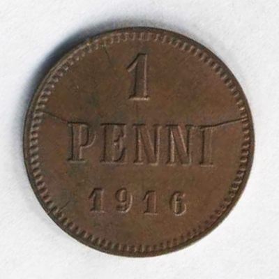 1 пенни (penni) 1916 года. Финляндия в составе Российской Империи. 
Состояние на фотографиях. 