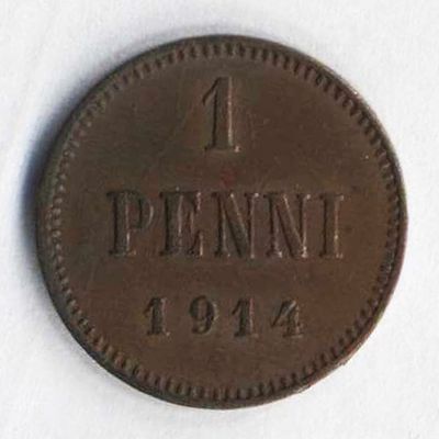 1 пенни (penni) 1914 года. Финляндия в составе Российской Империи. 
Состояние на фотографиях. 