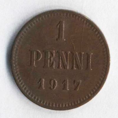 1 пенни (penni) 1917 года. Финляндия в составе Российской Империи. 
Состояние на фотографиях. 