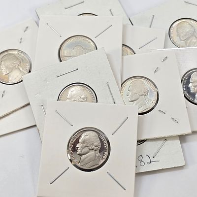 Cameo Jeffeerson Nickels. Lot of (11) Jefferson Nickels. 1979-1985 Jefferson Nickels look to be 