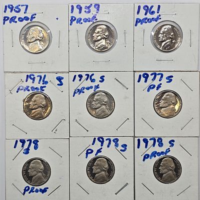 Proof Jefferson Nickels. lot of (9) Jefferson Nickels. 1957-1978 in Proof condition