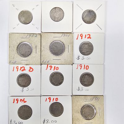 Barber Nickel lot. Lot of (12) Barber Nickels. Varied conditions several that are very good to fine.