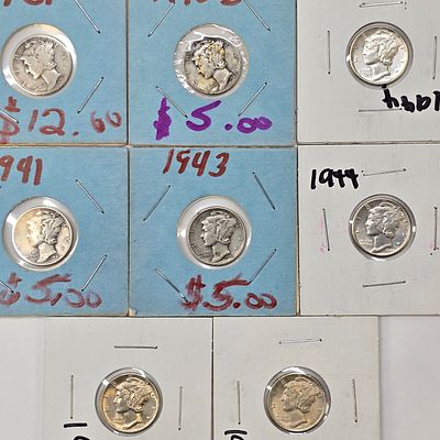 Mercury Dime Lot. Lot of (8) Mercury Dimes including; (1) 1931, (1) 1904-D, (2) 1941, (2) 1943 