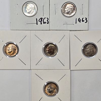 Silver Roosevelt Dimes. Lot of (6) Silver Roosevelt Dimes. (2) 1963 and (4) 1964. All appear to 