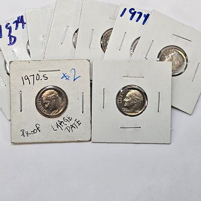 Roosevelt Dime Lot. Lot of (9) Proof/Cameo Roosevelt non silver Dimes. (1) 1970-S Proof Large 