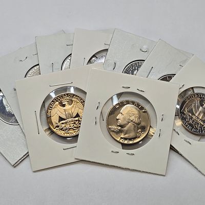 Washington Quarter lot. Lot of (9) Non-Silver, Cameo Washington and Bicentennial Quarters. (7) 