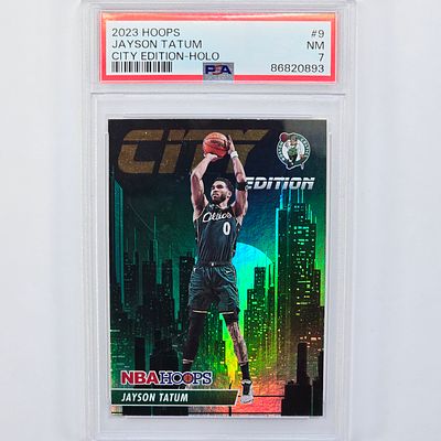 NM7 Jayson Tatum . PSA Graded NM7 2023 NBA Hoops, Jayson Tatum, City Edition Holographic Card #9