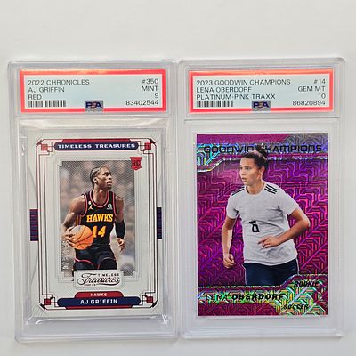 GEM MNT 9/10 Slabs. (2) PSA Graded slabs including; 
MINT 9, 2022 Chronicles, A.J. Griffin, Red 
