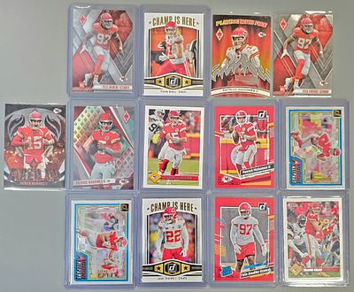 Chiefs Pulls!. Lot of (13) 2023 Panini Chiefs Pulls including; 
"Fired Up" Patrick Mahomes #FU-1 