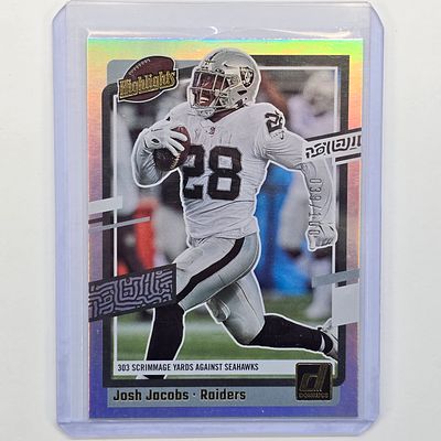 Josh Jacobs insert. 2023 Panini Donruss "Highlights" Josh Jacobs, 303 Scrimmage Yards Against 