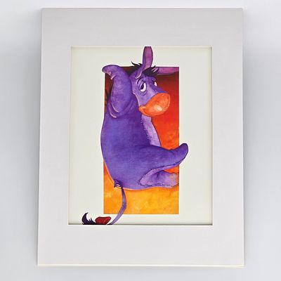 Disney Eeyore Print. 1991 Disney Print, Upside-Down Eeyore, 15 x 13 with matte frame.
Print is