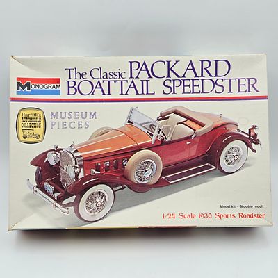 Monogram Model Kit. Lot includes Monogram Packard Boattail speedster model kit (1975) 
With box 