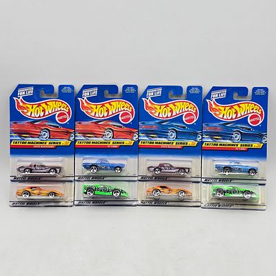 Pair of 90s Hot Wheels Sets. Lot of 8 Hot Wheels Diecast Vehicles from the Tattoo Machines 